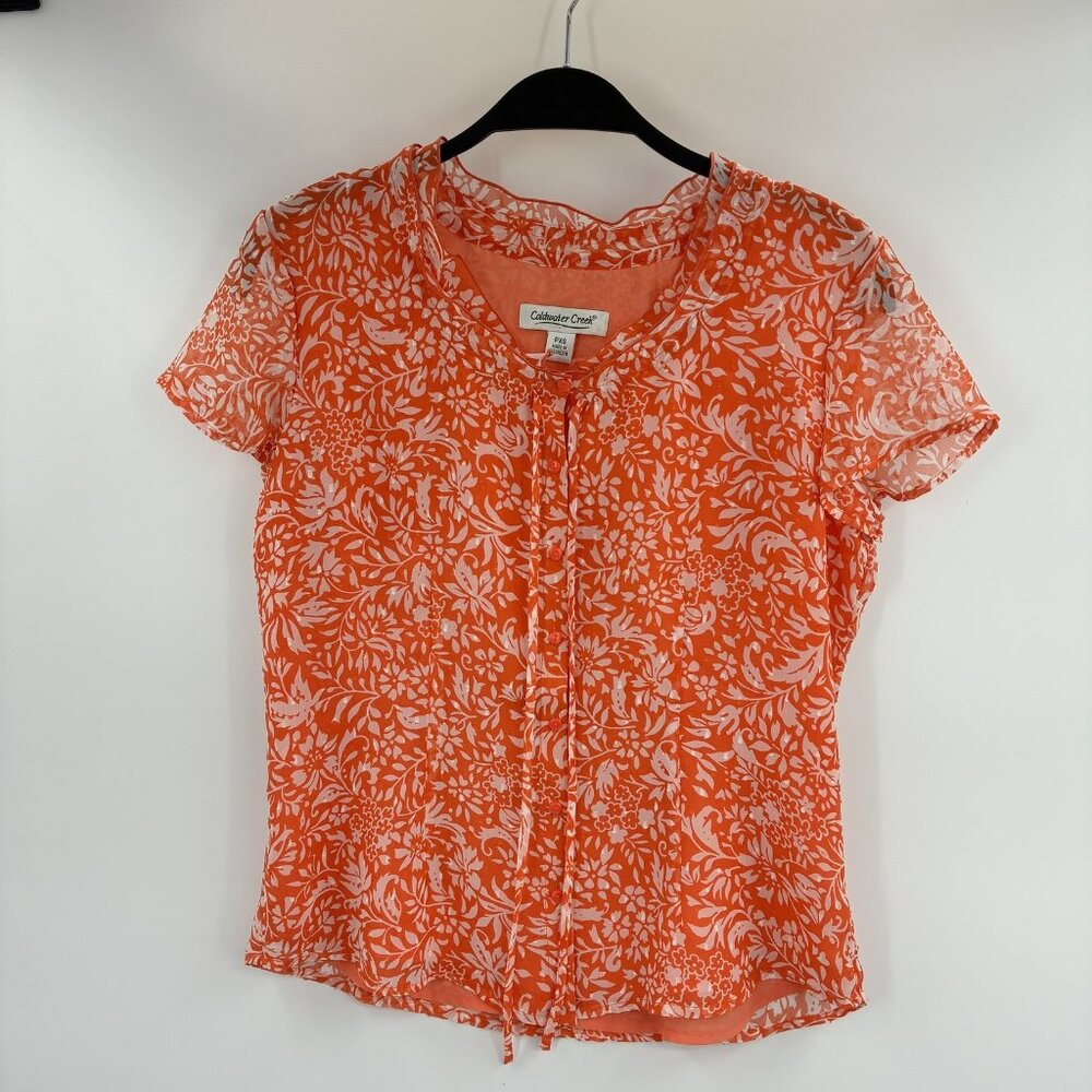 Coldwater Creek Petite XS Orange White Floral Sheer Button Front Tie Blouse Top